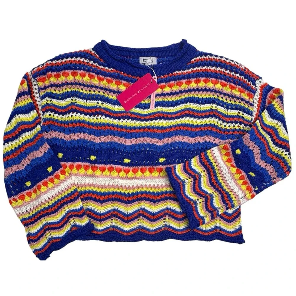 NWT Crochet Open Knit Colorful Striped Sweater Boho Beginning Boutique S/M